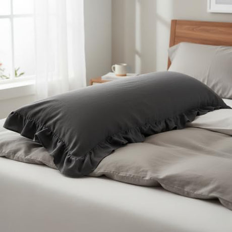 Empire Linen Ruffled Body Pillowcase | Cotton Satin Weave | Soft & Breathable with Hidden Zipper | Decorative Single Ruffle Cover | Dark Grey, 20x48 Empire Linens