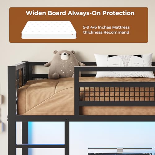 BTHFST Twin Loft Bed with L-Shaped Desk, LED Lights & Charging Station, 3 Fabric Drawers, Safety Guard & Ladder BTHFST