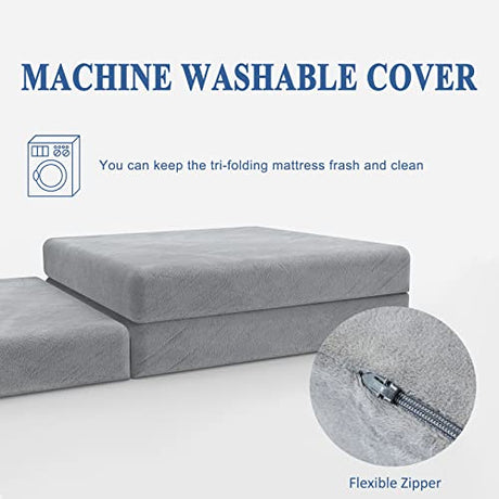 SINWEEK Tri Folding Mattress Foam Topper 4" Thickness Floor Cot Mattress, Guset Bed with Removable&Machine Washable Cover and Lining, CertiPUR-US Certified 25 x 75 Inch SINWEEK