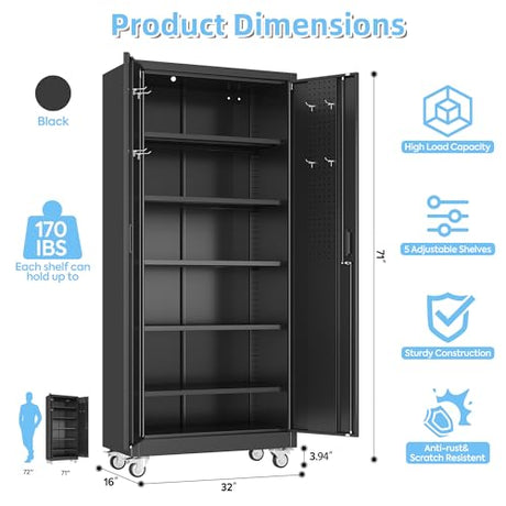 Aobabo Upgraded Garage Storage Cabinets with Wheels,Metal Storage Cabinets with 5 Adjustable Shelves for Garage Home Office Storage, Black,71''H*34''W*18''D,Assembly Required Aobabo