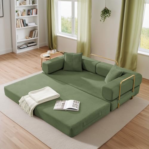 Antetek 78" Convertible Futon Sofa Bed, 3-Seater Modern Corduroy Foam Floor King Size Bed Foldable Sleeper Lounge Loveseat Sofa Couch with 2 Throw Pillows for Living Room Bedroom Guest Room, Green Antetek