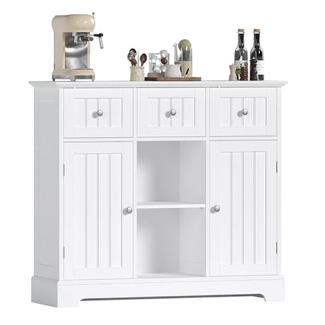 ChooChoo Buffet Cabinet, Coffee Bar with Drawers and Doors, Sideboard Storage with Shelves for Kitchen, Dining Room, Living Room, White ChooChoo