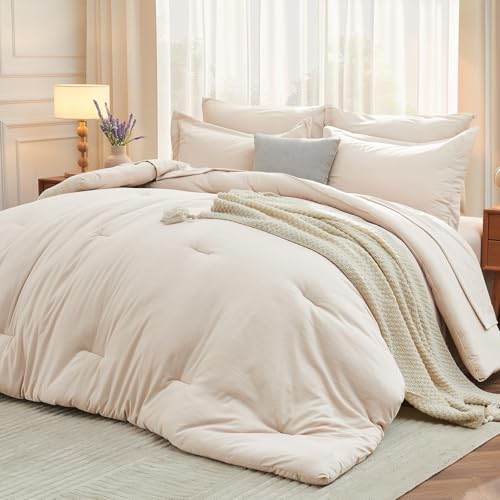 MUXHOMO 7 Pieces King Comforter Set, Soft Bed in a Bag King Size, All Season Bedding Set with Comforter, Flat Sheet, Fitted Sheet, Pillowcases & Shams, Beige MUXHOMO