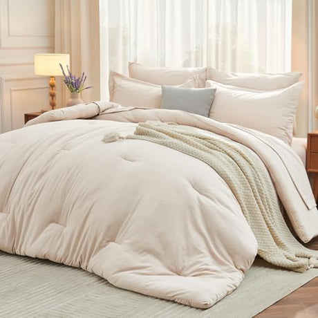 MUXHOMO 7 Pieces King Comforter Set, Soft Bed in a Bag King Size, All Season Bedding Set with Comforter, Flat Sheet, Fitted Sheet, Pillowcases & Shams, Beige MUXHOMO