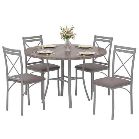 VECELO 5 Piece Dining Table Set for 4, Wood Grain Dinette with Chairs for Kitchen, Breakfast Nook, Small Space, Light Grey VECELO