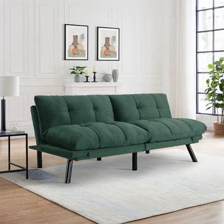 Convertible Velvet Futon Sofa Bed, Comfy 72" L Sleeper Couch with Thicker Cushion, Upholstered Modern Reclining Loveseat Folding Sofa for Small Living Room, Dorm, Apartment, Office, Emerald Antetek