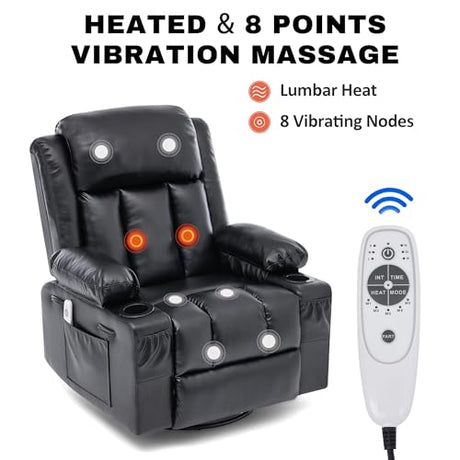 GAOHAPY Rocker Recliner Chair with Heat and Massage,360°Swivel Nursery Recliner Chair for Adults,Faux Leather Recliner Single Sofa Seat with 2 Cup Holders and Side Pocket (Black) GAOHAPY