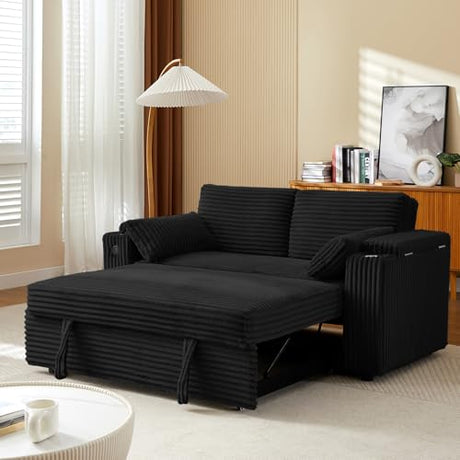 Convertible Corduroy Sofa Bed with USB Charging Port & Cup Holders, 68.11" Foldable Sleeper Chair with Armrests & Pillows, 3-in-1 Floor Futon for Living Room, Bedroom, Guest Room，Easy Assembly hansones