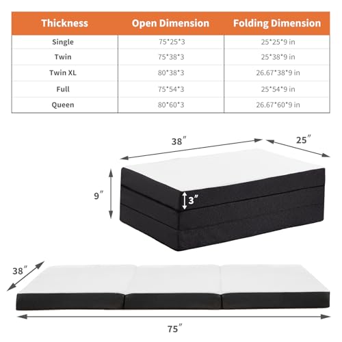 Sweetcrispy Tri-fold Memory Foam Mattress - 3 Inch Twin Size Portable Bed Pad, Foldable Floor Mat, Collapsible and Washable Cover with CertiPUR-US Certified, for Travel & Camping & Yoga Sweetcrispy