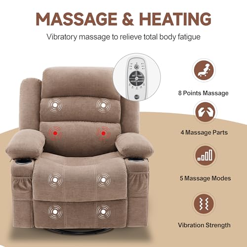 Rocker Recliner Chair with Heat and Massage, 360° Swivel Nursery Rocking Chairs for Adults, Oversized Recliner Single Sofa Seat with Cup Holders, Lazy Boy Recliner Single Sofa (Manual, Brown)