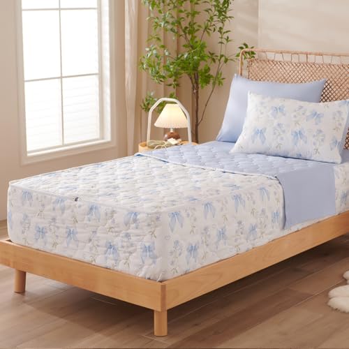 Jolusere Zipper Bedding Full Blue Bow Comforter Zipper Bedding Set for Kids Girls,Cute Princess Bowknot Coquette Floral Design, All in one Zipper Bedding（Blue,Full） Jolusere