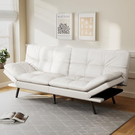 Opoiar 71" L Covertible Futon Sofa Bed,Faux Leather Futon Couch, Memory Foam Modern Loveseat Sleeper, Small Splitback Sofa Couches for Living Room,RV,Home Office,Apartment,White Opoiar