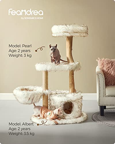 Feandrea Modern Cat Tree, Wood Cat Tower for Large Cats up to 22 lb, 48.4-Inch Luxury Cat Condo with Scratching Post, Perch, Cave, Basket, White UPCT144W01 - WoodArtSupply