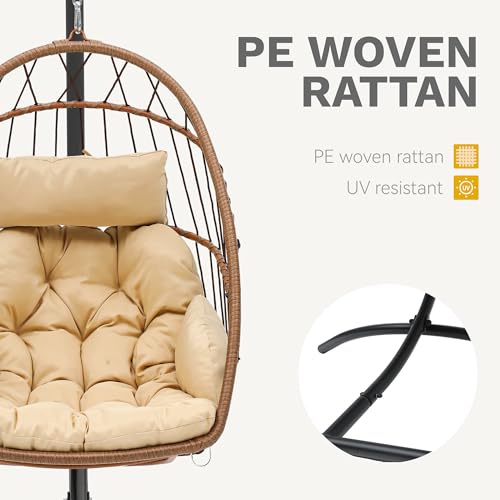 DWVO Egg Chair with Stand, Hanging Outdoor Rattan Wicker Patio Hammock Indoor Egg Chair with Cushion, Hanging Swing Chair 300lbs for Porch, Garden, Bedroom, Balcony, Beige DWVO