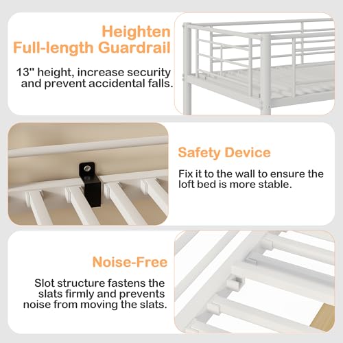 VECELO Loft Bed Twin Size with Desk, Metal Bedframe with Removable Ladder and Safety Guardrail, No Box Spring Needed, Space Saving, Noise Free, Nature&White VECELO