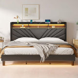 Rolanstar King Size Bed Frame, Storage Headboard with Charging Station and LED Lights, Upholstered Bed with Heavy Duty Wood Slats, No Box Spring Needed, Noise Free, Easy Assembly, Black Rolanstar