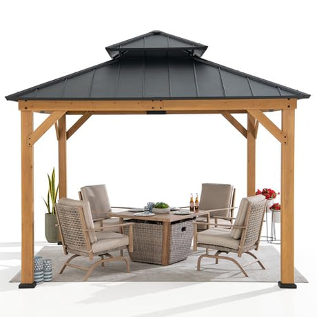 Sunjoy 11 x 11 ft. Wood Gazebo Standard Cedar Framed Gazebos with Black Double Steel Hardtop Roof for Garden, Backyard Shade, Matte Black Roof + Natural Wood Frame Sunjoy