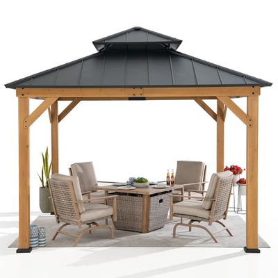 Sunjoy 11 x 11 ft. Wood Gazebo Standard Cedar Framed Gazebos with Black Double Steel Hardtop Roof for Garden, Backyard Shade, Matte Black Roof + Natural Wood Frame