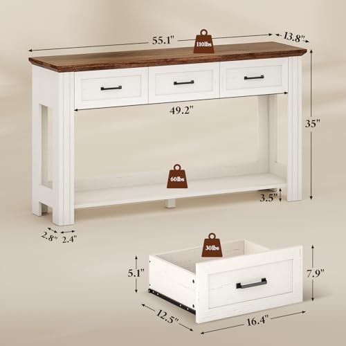 ANGRYWIN 55" Farmhouse Console Table with 3 Drawers, Rustic Entryway Table with Open Shelf, Sofa Tables Behind Couch for Entrance, Living Room, Hallway, White ANGRYWIN