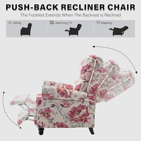 UIXE Pushback Recliner Chair, Fabric Armchair Push Back Accent Chair, Rivet Trim Club Chair Home Theater Overstuffed Single Sofa Reading Seat for Living Room, Pattern UIXE