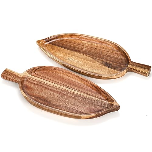 Youeon 2 Pcs Acacia Wood Serving Platters, 13" x 5.5" Leaf Shaped Food Serving Trays for Entertaining, Small Cheese Platter Board for Fruit, Charcuterie, Dessert, Appetizer - WoodArtSupply