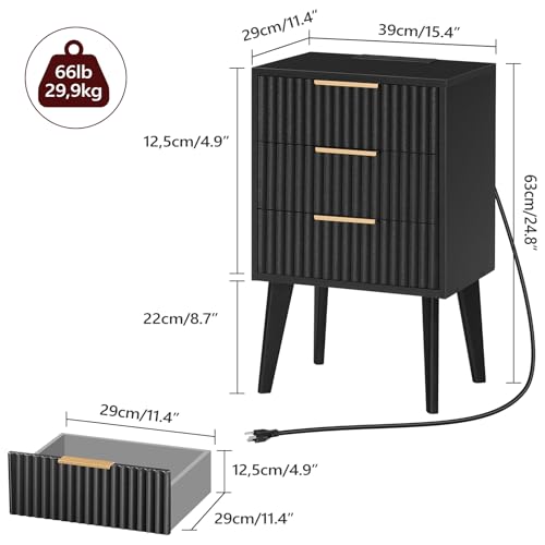 MAHANCRIS End Table, Fluted Night Stand, Modern Side Table with Charging Station, Bedside Table with 3 Drawers, Mid Century Nightstand, for Living Room, Bedroom, Study, Office, Black ETBK64E01 MAHANCRIS