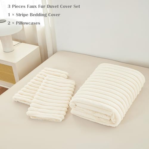 ANGIYUIN 3 Pieces Cream Fluffy Girls Duvet Cover Set Twin Beige Faux Fur Stripe Comforter Cover Luxury Fuzzy Bedding Cover Set for Kids Teens 1 Duvet Cover with 2 Pillowcases(Cream Twin) ANGIYUIN