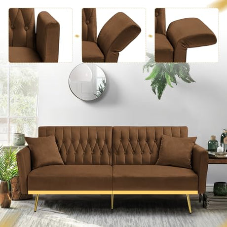 ACMEASE 70” Velvet Futon Sofa Bed with 2 Pillows and Adjustable Armrests, Convertible Sleeper Bed W/Adjustable Backrests, Modern Loveseat for Living Room, Bedroom, Brown ACMEASE