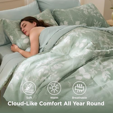 Bedsure Twin Comforter Set - 5 Pieces Floral Sage Green Soft Bedding Sets, Twin Bed in a Bag with Botanical Flowers Comforter, Sheets, Pillowcase & Sham Bedsure