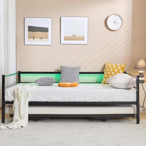 VINGLI Metal Twin Daybed with Pop Up Trundle Bed, Day Bed Frame with Charging Station and LED Lights for Living Room Guest Room or Bedroom, Black Daybed with Steel Slats for Adults, Teens and Kids VINGLI