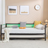 VINGLI Metal Twin Daybed with Pop Up Trundle Bed, Day Bed Frame with Charging Station and LED Lights for Living Room Guest Room or Bedroom, Black Daybed with Steel Slats for Adults, Teens and Kids VINGLI