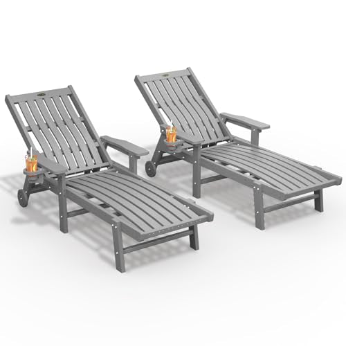 THOEOE Patio Chaise Lounge Chair Set of 2, Lounge Chair Outdoor with 5 Positions, HDPE, Patio Lounge Chair with Wheels & Cup Holder for Pool, Deck, Poolside,Grey