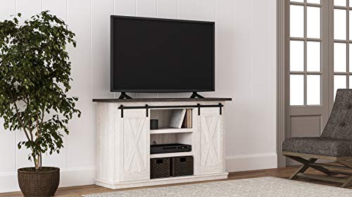 Signature Design by Ashley Dorrinson Farmhouse TV Stand Fits TVs up to 50" with Sliding Barn Doors and Storage Shelves, Whitewash & Gray - WoodArtSupply