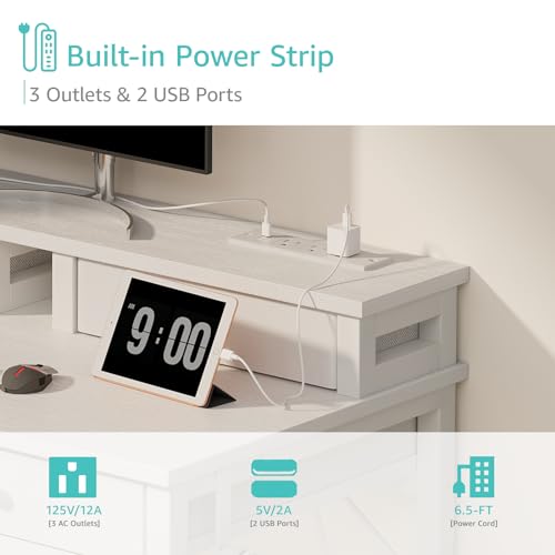 Lufeiya Small White Desk with Fabric Drawers for Bedroom, 32 inch Vanity Makeup Desk with Drawers Storage for Home Office, Writing Study Table with Power Outlet & Monitor Stand, White Lufeiya