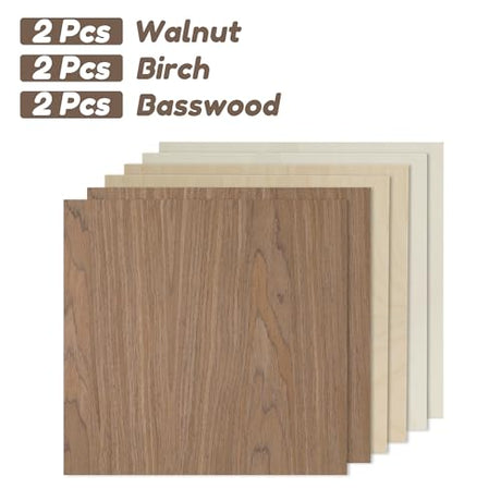 6 Pack Walnut Wood Sheets, 12 x 12 x 1/8 Inch Basswood + Walnut + Birch, Wood for Laser Cutting and Engraving, 3mm Plywood for Laser Cutting, Wood for Crafts, Laser Engraving Blanks, Unfinished Wood lilLittle