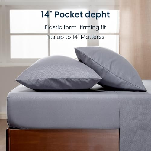 SLEEP ZONE King Size Sheets Set, 4 Piece Hotel Luxury Embossed Bedding Sheets with Fitted Sheet, Flat Sheet & 2 Pillowcases - Deep Pocket (Honeycomb Gray) SLEEP ZONE