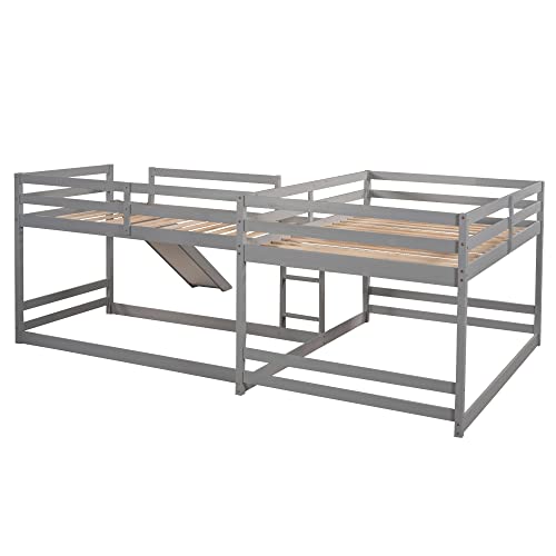 Merax Full and Twin Size L-Shaped Bunk Bed with Slide and Short Ladder,Gray Merax