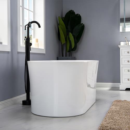 WOODBRIDGE 59" Acrylic Freestanding Bathtub Contemporary Soaking Tub with Matte Black Overflow and Drain, White Tub WOODBRIDGE
