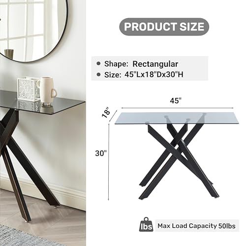 Edwin's Choice Black Glass Console Table Narrow Sofa Table with Grey Tempered Glass Top and Black Metal Tubular Legs with Gold Rim, 45”Lx18”Wx30”H Edwin's Choice