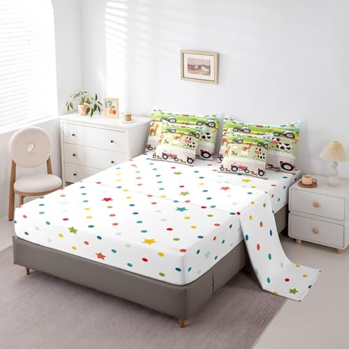 Tractor 7 Piece Bedding Sets Boys Queen, Toddler Kids Cute Cartoon Farm Animals Comforter Set & Sheets Set Farmhouse Bed Set with Comforter, Sheet Set, Pillowcases & Pillow Covers - Soft Breathable Feelyou
