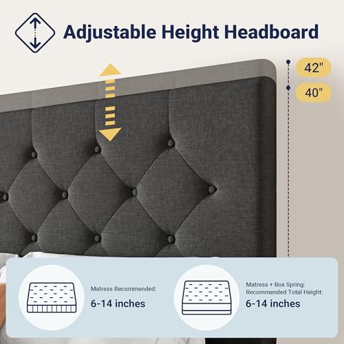 Allewie Upholstered Full Size Platform Bed Frame with 4 Storage Drawers and Headboard, Diamond Stitched Button Tufted, Mattress Foundation with Wooden Slats Support, No Box Spring Needed, Dark Grey Allewie