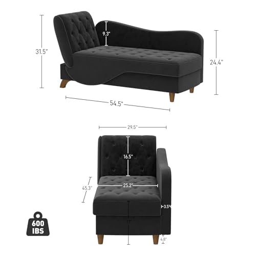 DAMAIFROM Chaise Lounge Chair Indoor with Storage, Adjustable Armrest Recling Reading Chair Sleeper Sofa Bed with Pillow, 3 in 1 Velvet Futon Lounge Chair for Living Room Playroom, Black DAMAIFROM