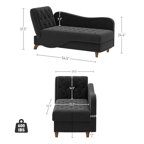 DAMAIFROM Chaise Lounge Chair Indoor with Storage, Adjustable Armrest Recling Reading Chair Sleeper Sofa Bed with Pillow, 3 in 1 Velvet Futon Lounge Chair for Living Room Playroom, Black DAMAIFROM