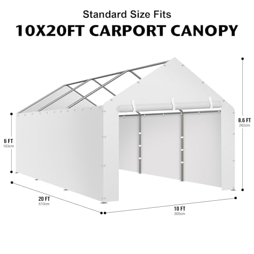 Carport Canopy Tent Sidewalls for 10x20x8.6FT Car Garage with Ball Bungees, Heavy Duty Portable Shelter Logic Replacement Covers (Frame is not Included) (White) Yustuf