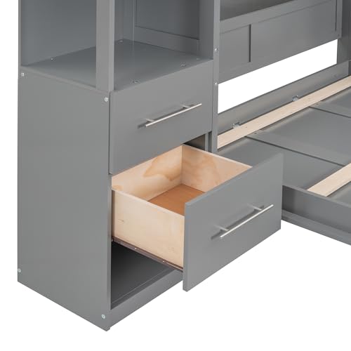 Favfurish Full Size Murphy Bed with Storage Shelves and LED Lights, Wood Foldable PlatformBed Vertical Wall Bedframe for Bedroom Guest Room, Gray Favfurish