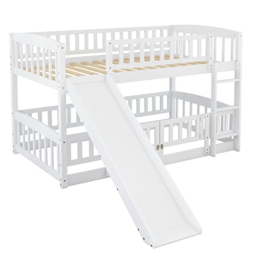 Bellemave Bunk Bed Twin Over Twin with Slide and Stairs, Twin Bunk Bed for Kids, Girls, Boys, Floor Bunk beds with Fence and Door, White Bellemave