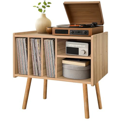 Montex Record Player Stand with Vinyl Storage, Wooden Record Player Table with 5 Cabinet, Large Vinyl Record Player Stand, Record Player Holder, Record Player Shelf for Office Living Room, Oak