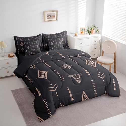 Erosebridal Bull Skull 7 Pcs Comforter Set Full Boho Bedding Ethnic Horns Bohemian Bed in A Bag Black Brown Tribal Symbol Mysterious Aztec Bedroom Decor Abstract Geometric Sheet Set for Men Boys Erosebridal