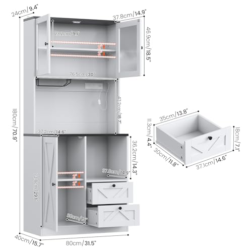 CBBPET 71" Tall Coffee Bar Cabinet with Storage Hutch, Farmhouse Kitchen Pantry Cabinet with LED Lights Microwave Stand and Glass Holder for Home Dining Room Kitchen,White CBBPET