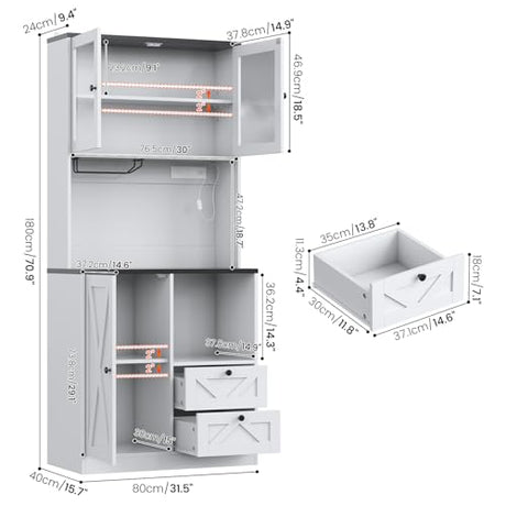 CBBPET 71" Tall Coffee Bar Cabinet with Storage Hutch, Farmhouse Kitchen Pantry Cabinet with LED Lights Microwave Stand and Glass Holder for Home Dining Room Kitchen,White CBBPET